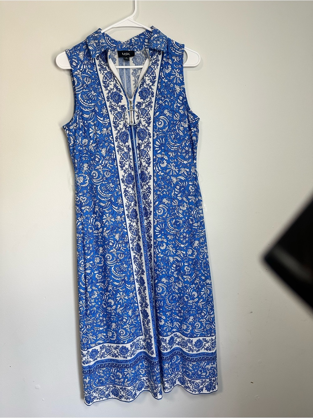 MSK White-Trim Royal Blue Floral Sleeveless Midi Dress